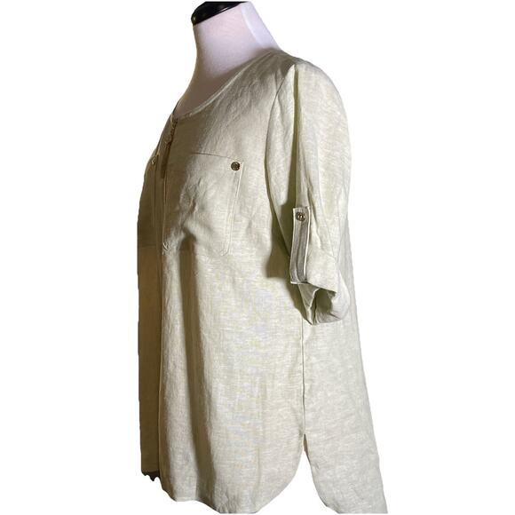 Anne Klein Women's Tunic Blouse Green Linen w/ Gold Button Zipper Accent Small - Picture 3 of 4